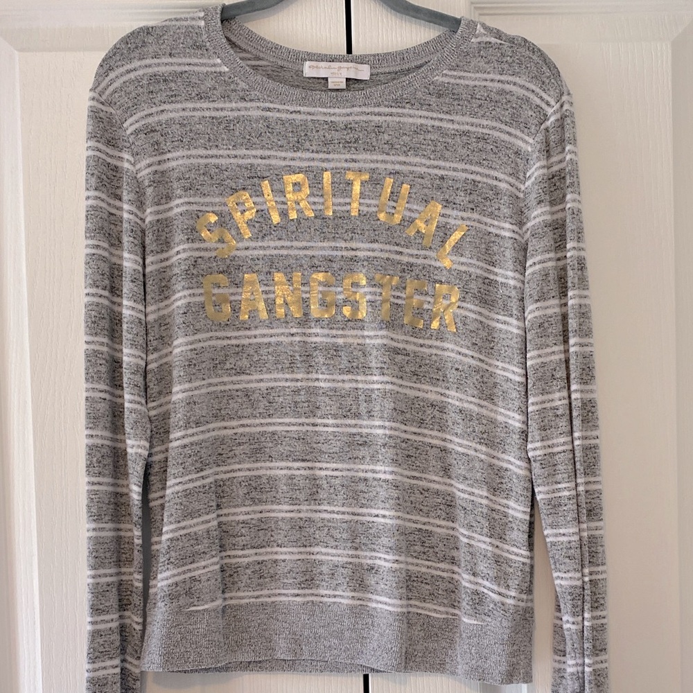 Spiritual Gangster Gray and Gold Striped Sweater